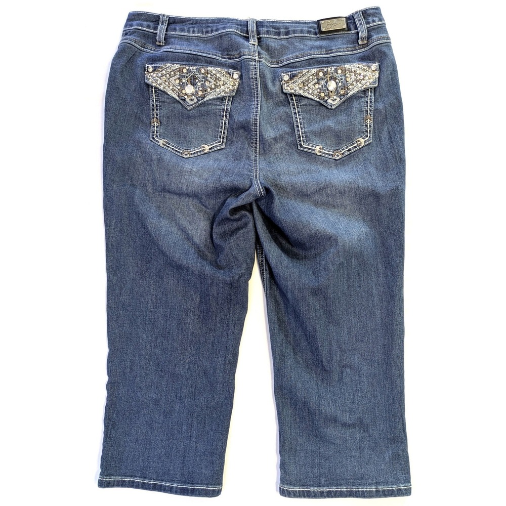 Earl Jean Womens 14P Blue Denim Capri Rhinestone Embroidered Cropped Jeans M Med